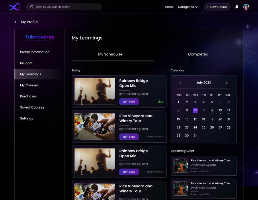 My Schedules — live sessions & calendar