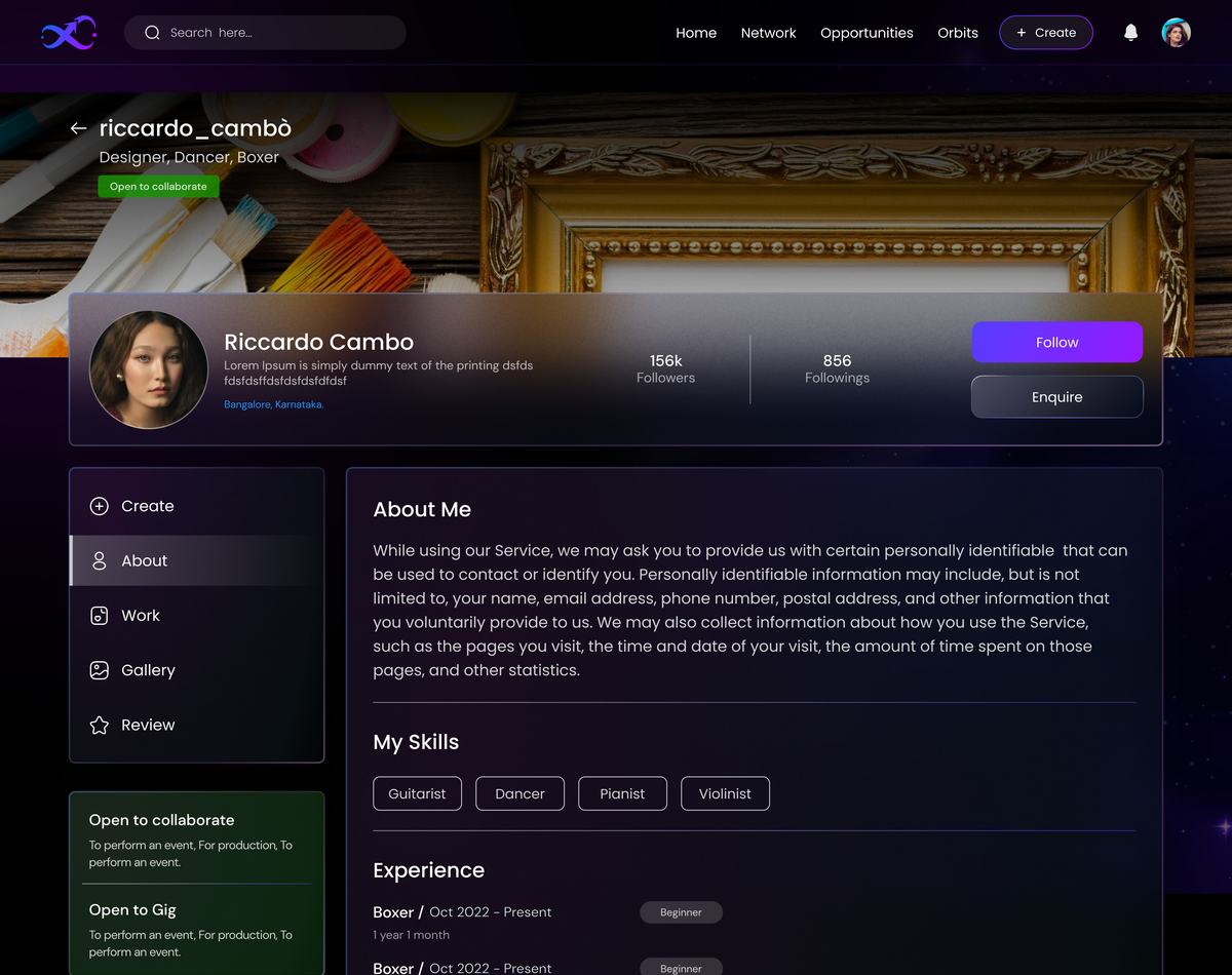 Talentverse artist profile screen