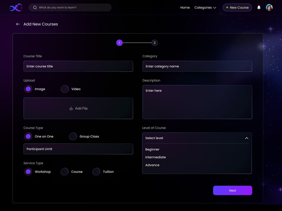 Talentverse add new course screen